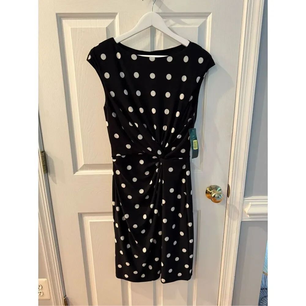 Lauren Ralph Lauren Black & White Polka Dot Sleeveless Twist Waist Dress sz 10 N